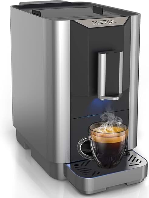 MEROL Super Automatic Espresso Coffee Machine, 19 Bar Barista Pump Coffee Maker with Adjustable Grinder, Touch Screen, Silver