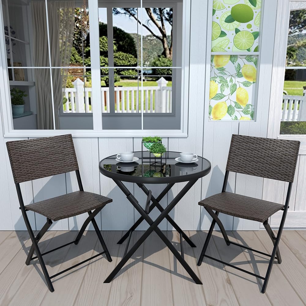 NATURAL EXPRESSIONS 3 Pieces Outdoor Patio Bistro Set, Wicker Patio Furniture Sets with Folding Patio Round Table and Chairs for Garden, Backyard,Balcony, Porch