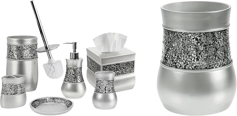 Silver Bathroom Accessories Set Complete - 7 Piece Mosaic Glass Bathroom Accessory Set Includes: Trash Can, Toilet Brush & Holder, Tissue Cover, Soap Dispenser, Toothbrush Holder, Soap Dish & Tumbler