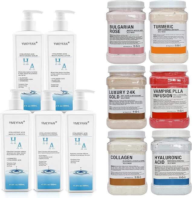 Skin Care Set for Professional Estheticians (6 Jar Jelly Mask Powder & 5 Step 500ML Skin Care Products, Makeup Remover, Cleanser, Toner, Serum, Lotion)