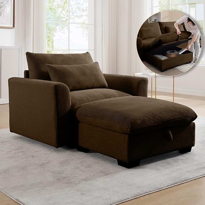 Oversized Convertible Modular Sectional Sofa Corduroy Upholstered Sleeper Couch with Movable Ottoman & Storage Chaise, Deep Seat Comfy Cloud Couch for Living Room (Brown, 1-Seat + 1 Ottoman)