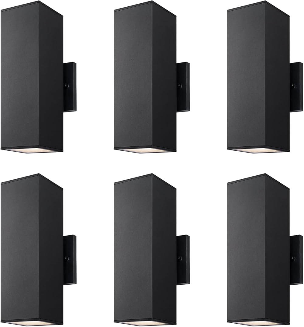 mirrea Modern Outdoor Porch Light Patio Light in 2 Lights with Aluminum Rectangular Tube and Tempered Glass Cover Waterproof Wall Sconce 6 Pack (Matte Black)