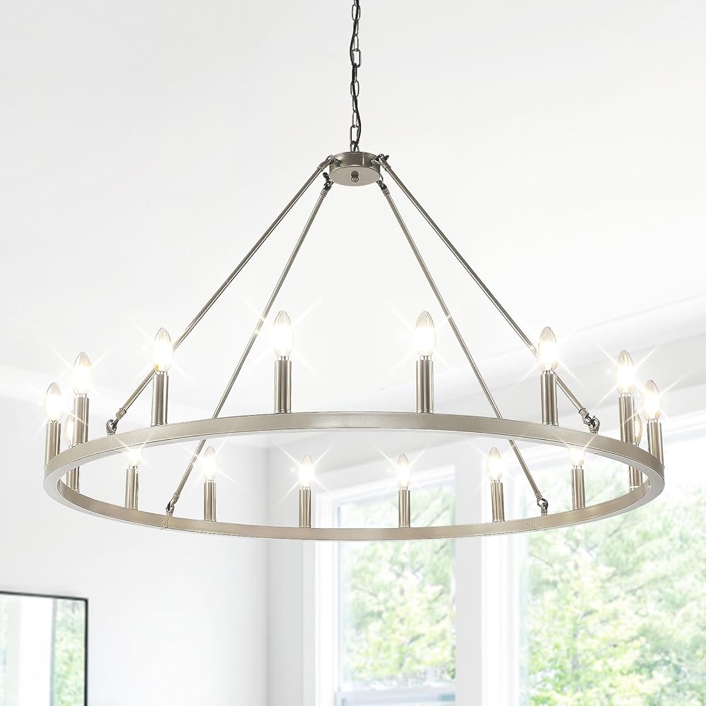 16-Light Silver Wagon Wheel Chandelier Farmhouse, 43 Inch Extra Large Chandeliers for High Ceilings, Foyer Chandeliers for High Ceilings, Rustic Round Chandeliers for Dinning Room,Entryway,Living Room
