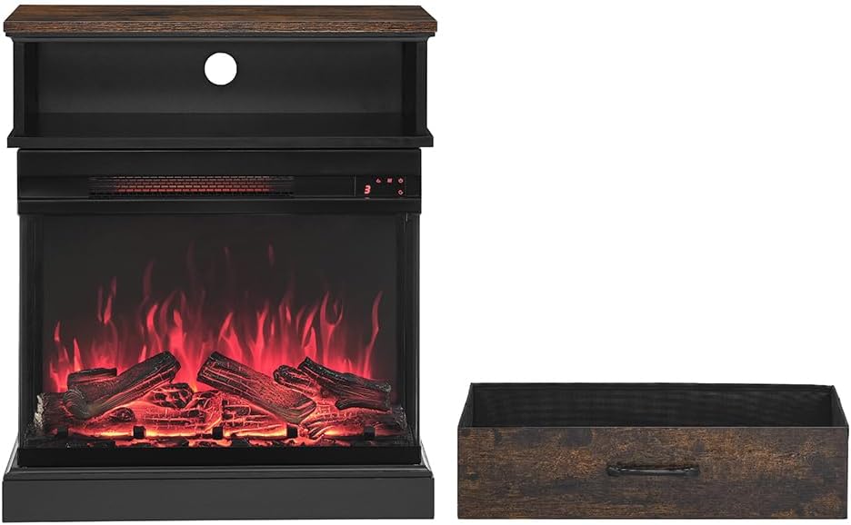 25 Inch Stand Side Table with 3-Sided Glass Electric Fireplace, 11 Temperature Level Realistic Flame Electric Fireplace Heat