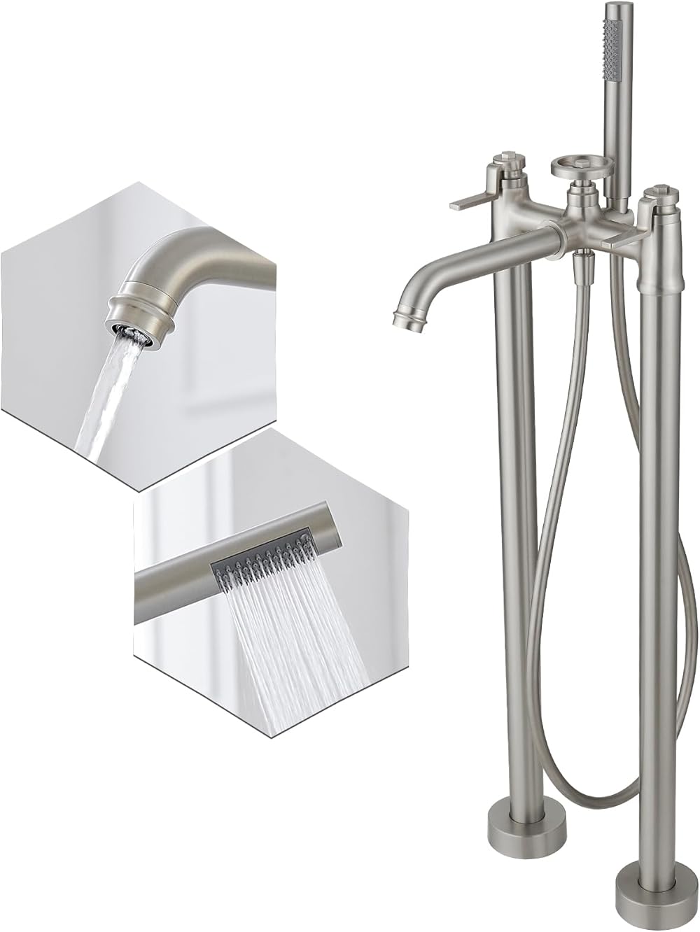 BWE Freestanding Bathtub Faucet Brushed Nickel Floor Mount Solid Brass Single Handle Modern Bathroom Tub Filler with Rotate Handheld Shower High Flow Mixer Tap