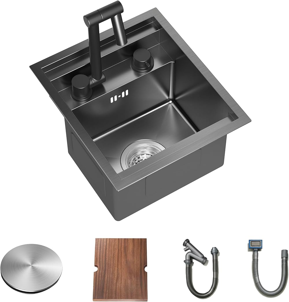 TORVA RV Kitchen Sink, 13 x 15 x 9 Inch Undermount Bar Sink,16 Gauge Stainless Steel Single Bowl Workstation Sink with Faucet,Cutting Board-Dark Gray