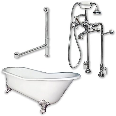 St61-398463-pkg-cp-nh Cast Iron Slipper Clawfoot Tub 61 X 30 With No Faucet Drillings And Complete Free Standing British Telephone Faucet And Hand Held Shower Polished Chrome Packagein Faux Copper