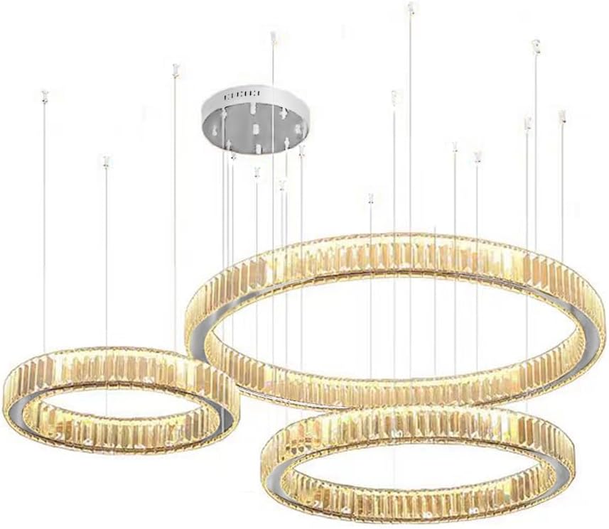 Remote Control Circular Chrome Big Crystal Chandelier Dimmable 3 Ring Silver Pendant Light for Foyer High Low Ceiling Staircase Entrance Hall Big Room (468,Chrome,RC,SD)
