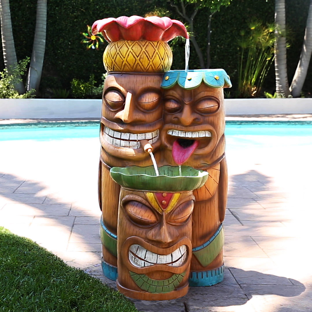 Alpine Outdoor Tiki Head Polyresin Electric Fountain with LED Light, 35 inch Tall