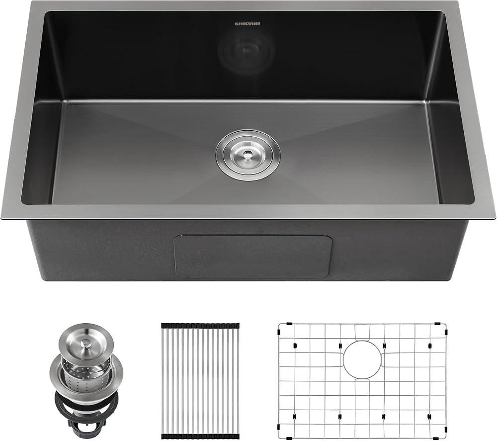 Black Kitchen Sink Undermount - SINKVINE 33 x 19 inch Stainless Steel Kitchen Sink Single Bowl, PVD Nano Handmade Sink with 3.5