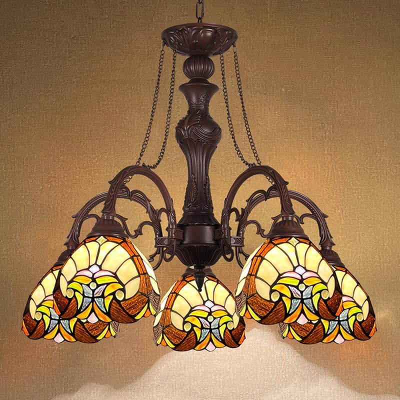 Tiffany Hanging Chandeliers for Dining Room 5 Lights Stained Glass Kitchen Lighting Fixtures Antique Style Ceiling Pendant Lamp for Living Room Lobby Entryway