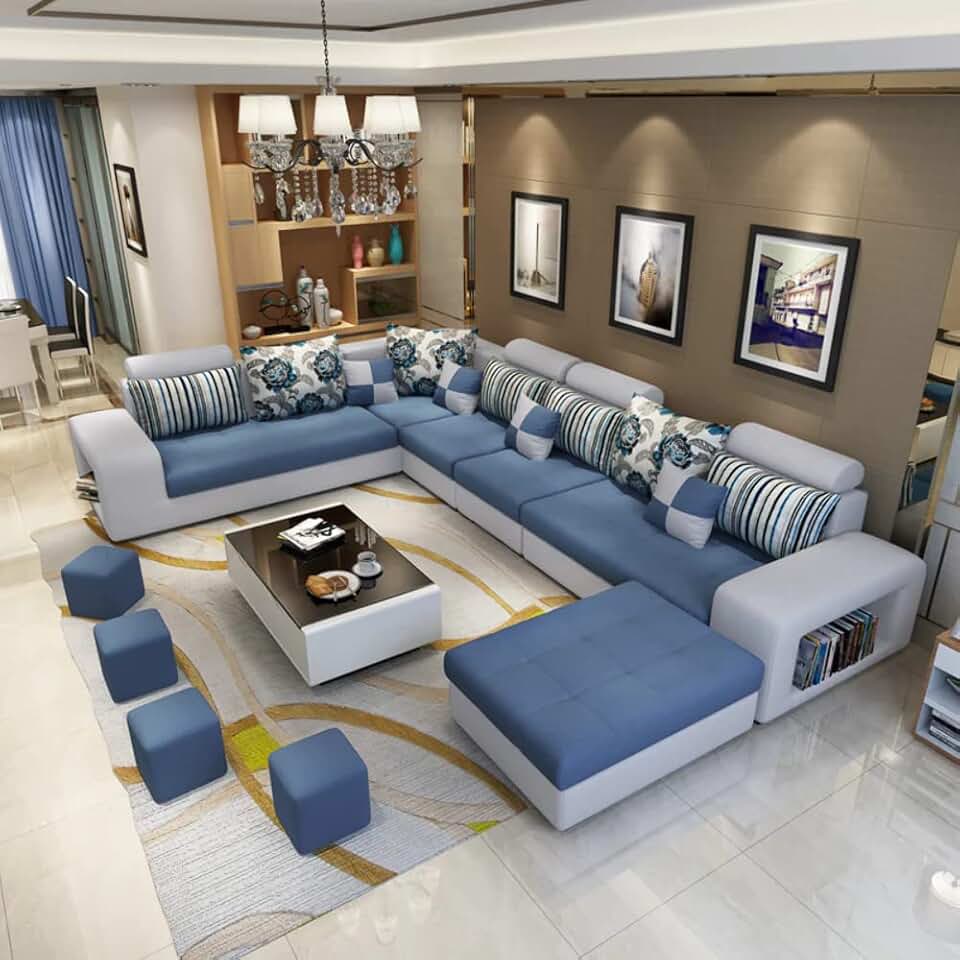 Luxury USB charging 7 Seater modern European fabric Blue 360 * 240 * 176 cm