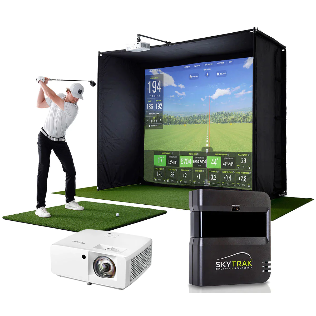 SkyTrak Golf Simulator Studio Package | PlayBetter SimStudio with Impact Screen, Enclosure, Side Barriers, Hitting/Putting Mats & Projector
