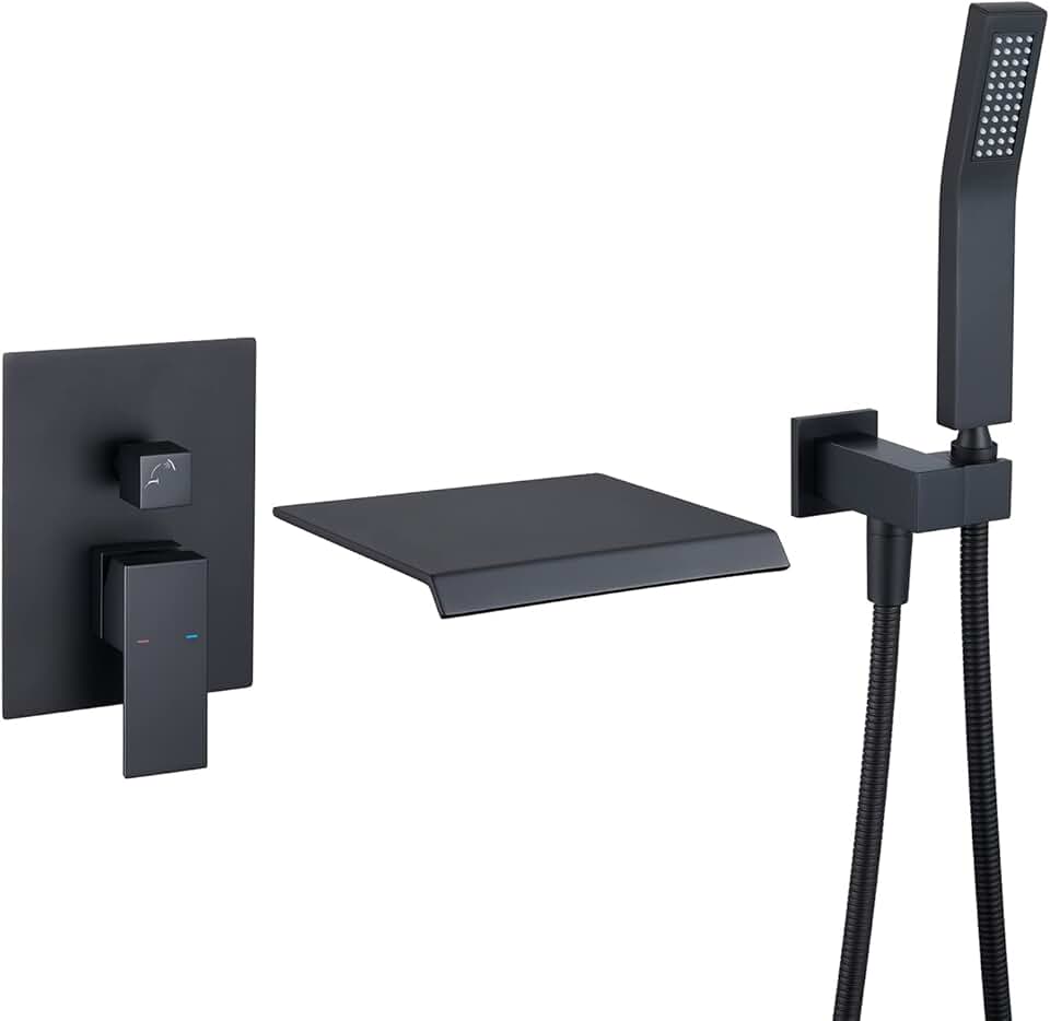 Wall Mount Tub Filler Waterfall Tub Faucet Black Bathtub Faucet Brass Single Handle Bathroom Faucet with Hand Shower