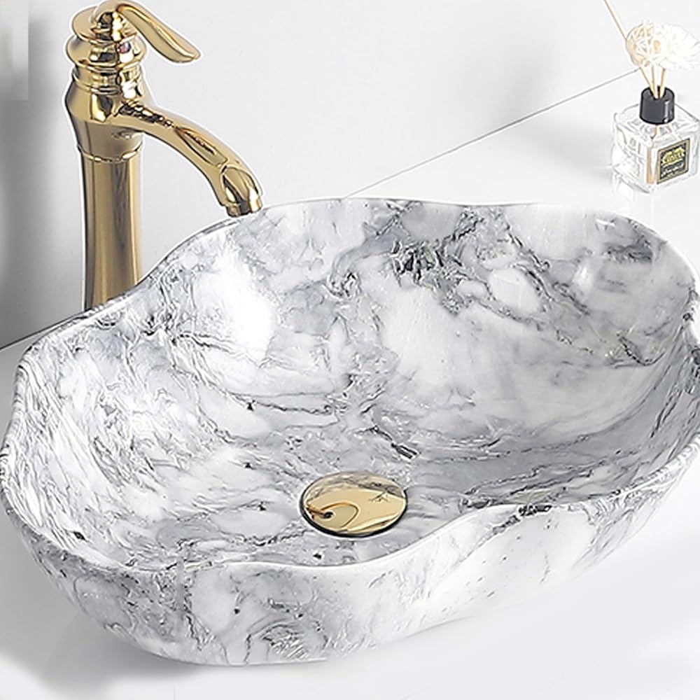 Modern Art Countertop Bowl Lavatory Sink，White Basin Lavatory Vanity Marble Texture，Oval Art Above Counter Vanity Wash Basin with Golden Faucet and Drain ，Suitable for hotels, toilets(Style 5)