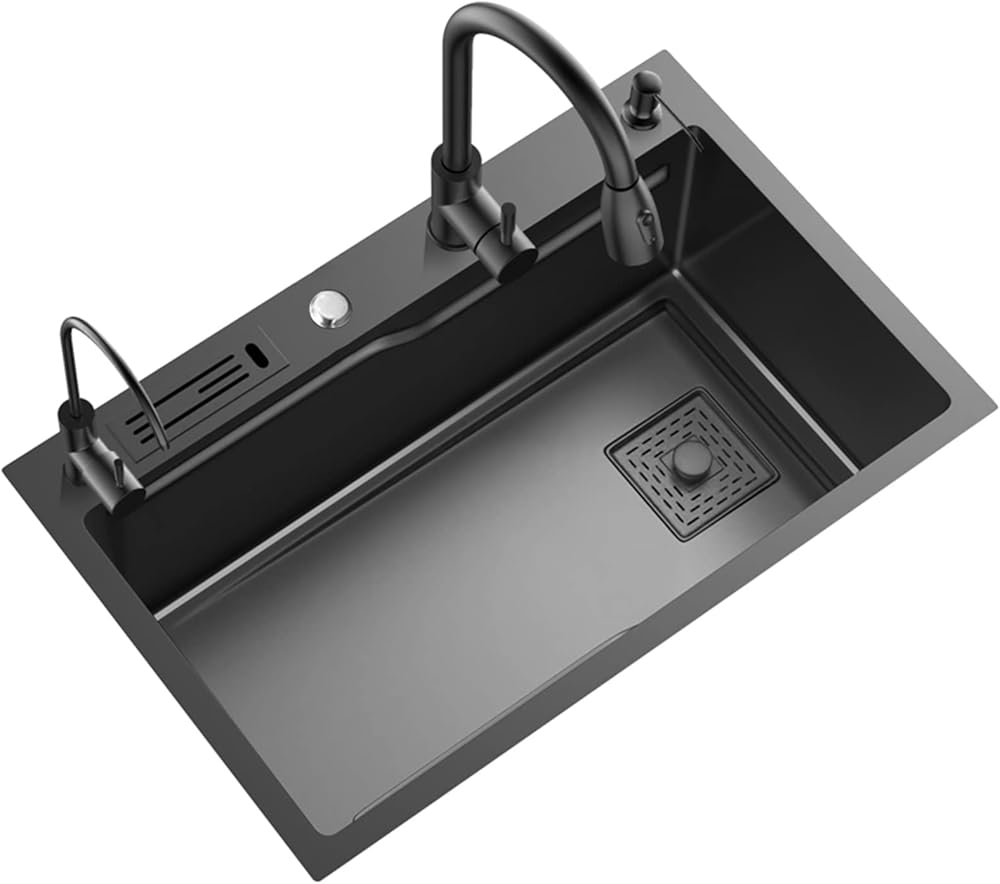 304 Stainless Steel Single Bowl Kitchen Sink Square Nano Bar Sink Rv Sink with Pull-Out Faucet and Drainage Cponents Top Mount Or Undermount (Color : Black-B, Size : 80x50x20cm)