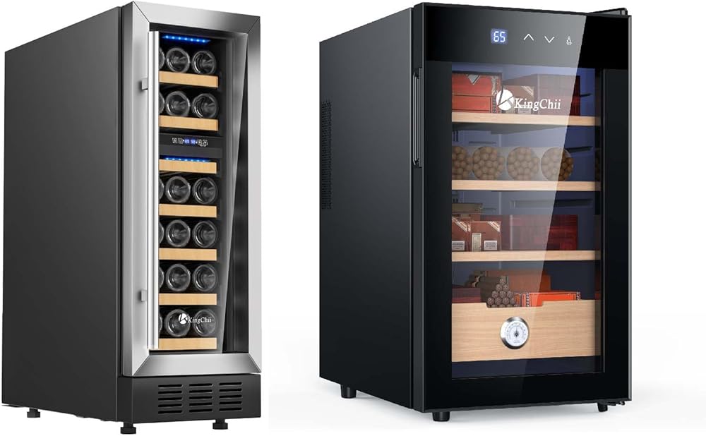 KingChii 12 Inch 16 Bottle Dual Zone Wine Cooler Refrigerator + 48L Electric Cigar Humidors, Temperature Control Cabinet with Spanish Cedar Wood Shelves (300 Counts Capacity)