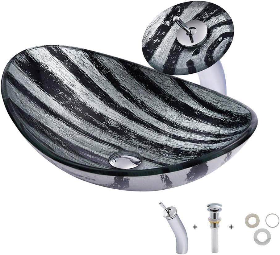 HomeLava Bathroom Basin Sink Wash Basin Glass Vessel Sink Special Stripes Basin Yuanbao Design Tempered Glass Vessel Sink with Waterfall Faucet