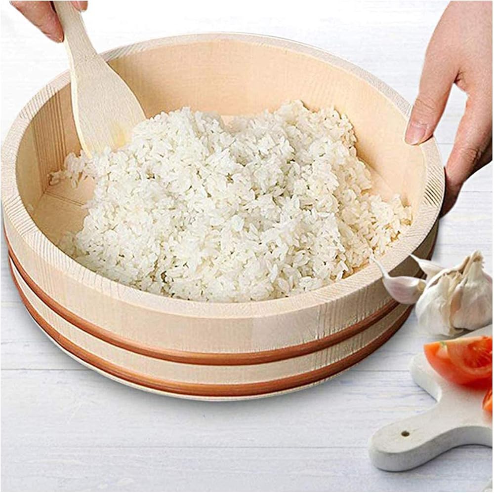 Japanese Wooden Hangiri Sushi Oke Rice Mixing Bowl Tub with Copper Banding for Sushi Restaurant Serving Pan Bucket (White Pine Wood),66x16cm