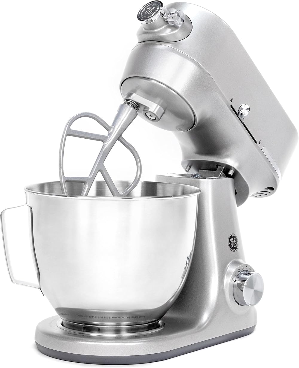 GE Tilt-Head Electric Stand Mixer | 7-Speed, 350-Watt Motor | Includes 5.3-Quart Bowl, Flat Beater, Dough Hook, Wire Whisk & Pouring Shield | Countertop Kitchen Essentials | Granite Gray