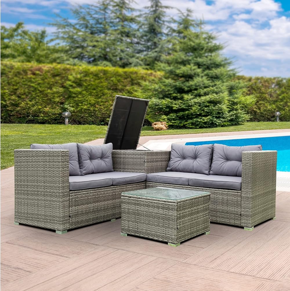 4 Piece Wicker Patio Furniture Conversation Set Grey Rattan Sectional Loveseat Couch Set Conversation Sofa with Storage Box and Glass Top Coffee Table Suitable for Garden Backyard, Poolside (Gray)