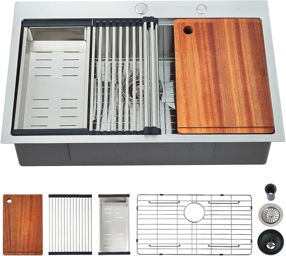 POPFLY 28×20 Inch Drop In SUS 304 Kitchen Sink, Top mount Stainless Steel 9 Inch Deep Single Bowl Kitchen Sinks