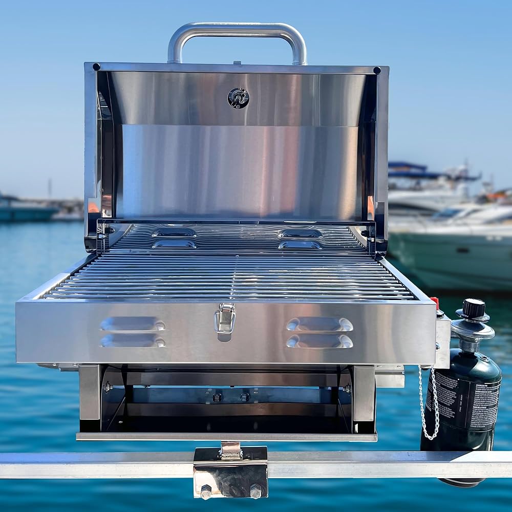 Bunker Up Fishin Stainless Steel Boat Grill with Pontoon Railing Mount - Fits 1 1/4″ Square Rail - Great for Boating Marine and Camping - Portable BBQ Grill | Tabletop Grill, 12000 BTU Burner