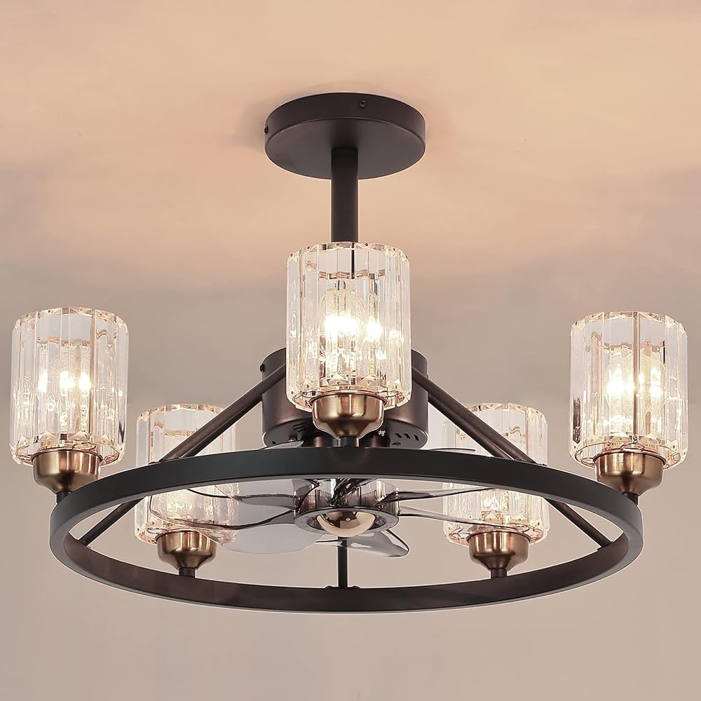 Black Chandelier Fans,Modern Ceiling Fan with Light and Remote Control, Glass Lampshade, 3 Speeds, Adjustable Height,Flush Mount Chandelier Ceiling fan for Bedroom Living Room Kitchen-22.5
