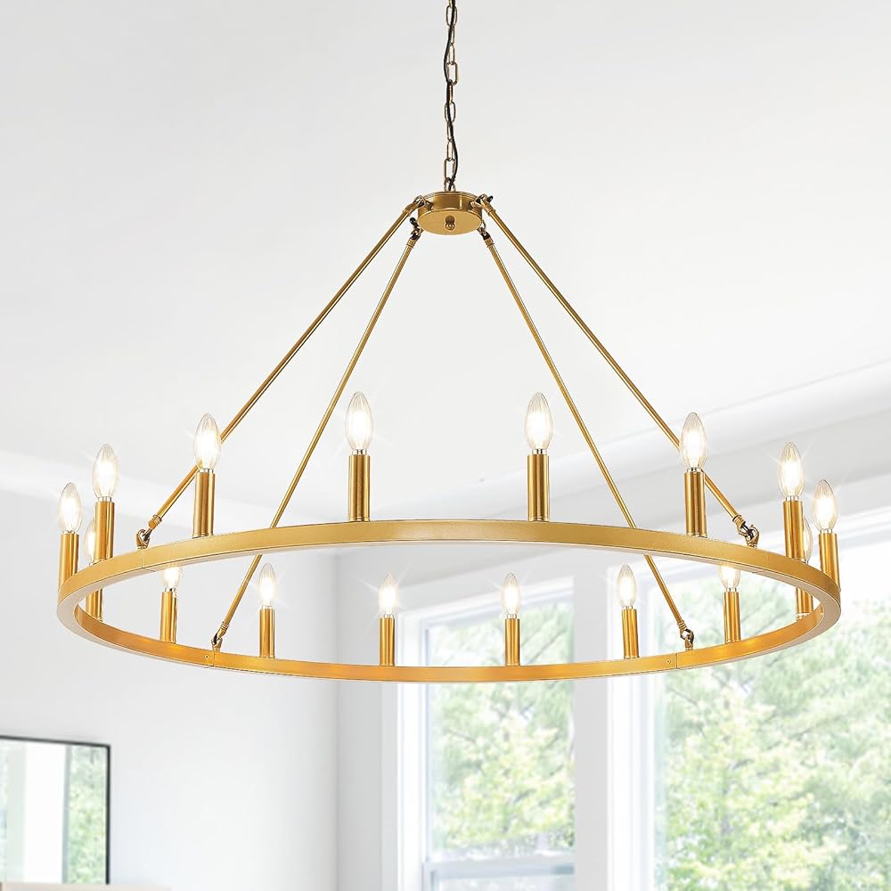 16-Light Gold Wagon Wheel Chandelier Farmhouse, 43 Inch Extra Large Chandeliers for High Ceilings, Foyer Chandeliers for High Ceilings, Rustic Round Chandeliers for Dinning Room,Entryway,Living Room