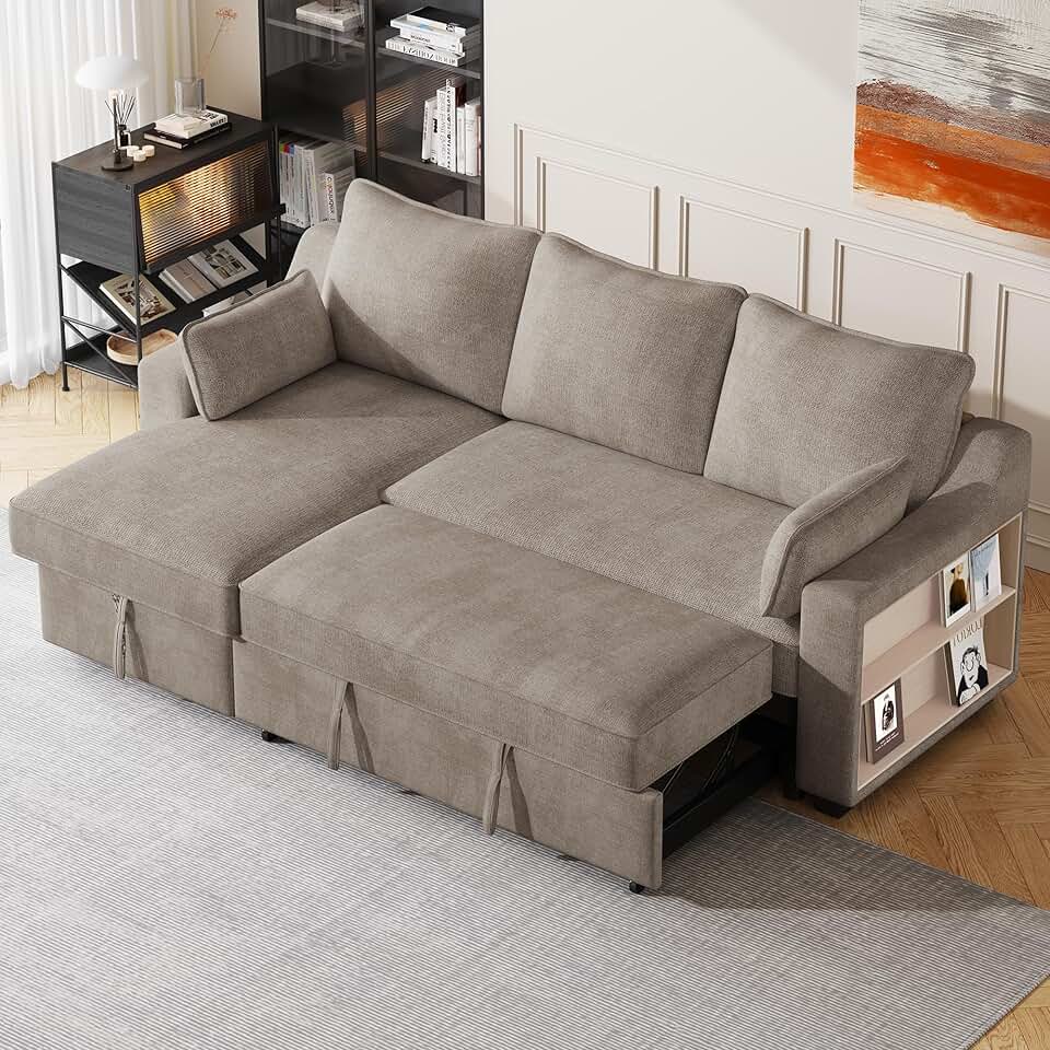 ERYE L-Shape Reversible Sleeper Sectional Couch Pull Out Sofa Bed w/Storage Chaise,Racks and USB Ports,Modern Linen Tufted Upholstered Convertible Sofabed with 2 Pillows for Living Room