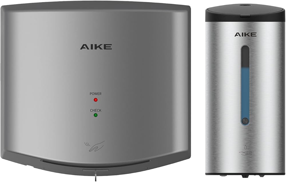 AIKE Automatic Hand Dryer and Soap Dispenser Bundle, Model AK2630 Silver & AK1205 Brushed