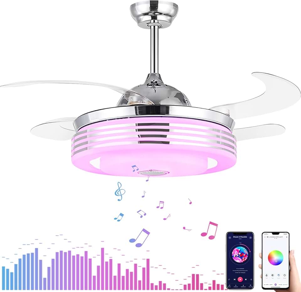 MoreChange 42” Modern Retractable Bluetooth Ceiling Fans with Lights and Remote Control, Invisible Ceiling Fans Chandelier Lighting with Speaker Play Music 7 Colorful Dimmable Fixture for Living room