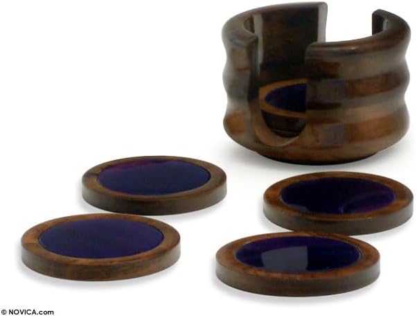 NOVICA Artisan Handmade Purple Agate Cedar Coasters Set of 6 Woodstone Brazil Tableware Barware [ 0.4in H x 3in Diam. Standbase 2.8in H x 3.9in Diam.] ' Violet Moons' Set of 6