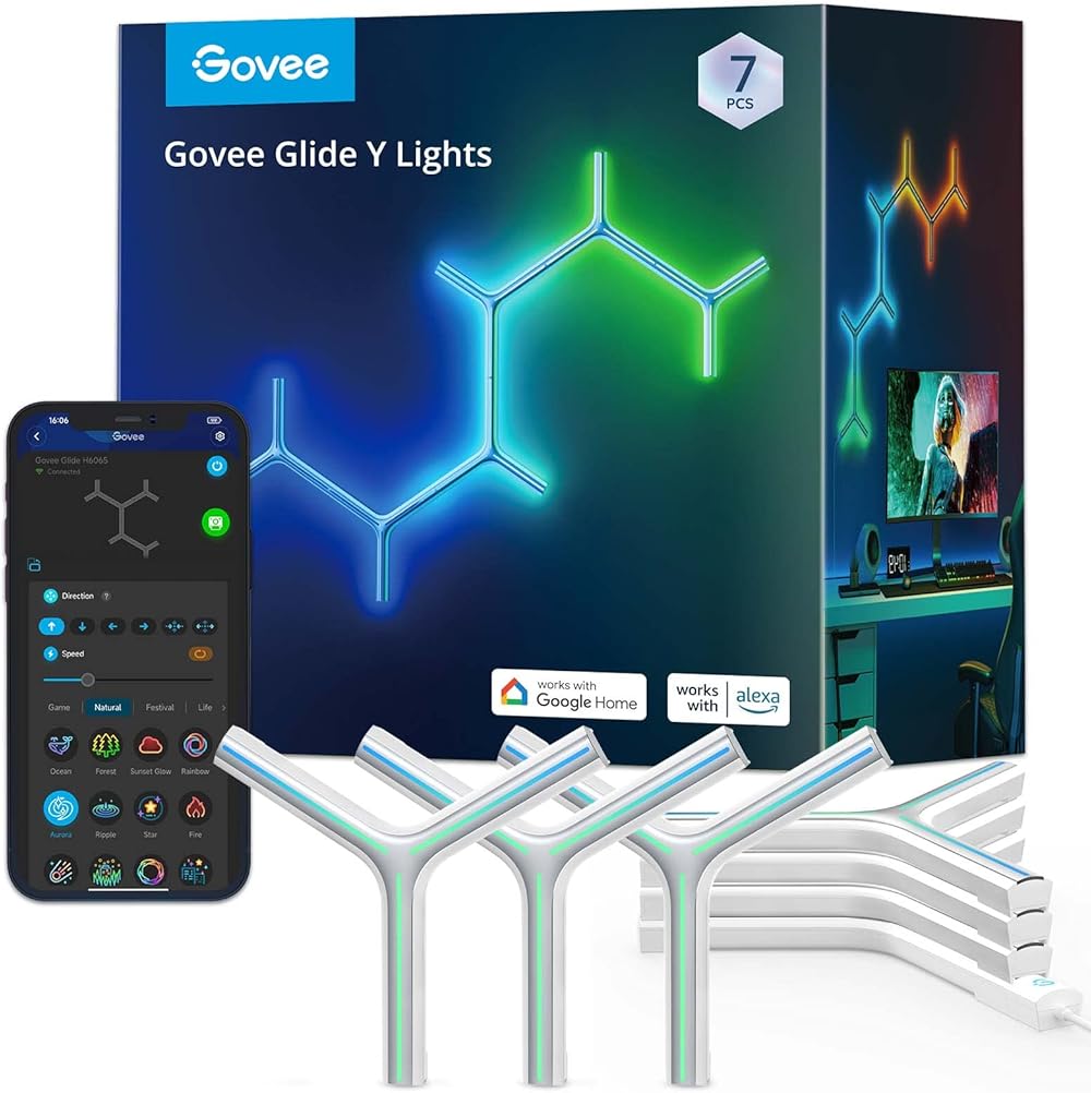 Govee Glide Y Lights, RGBIC LED Gaming Lights for Wall, Smart Wi-Fi Game Lights with Music Sync, DIY and Timer Feature, Gaming Room Lights, LED Lights for Gaming Setup, Wall Lights 7 Pack