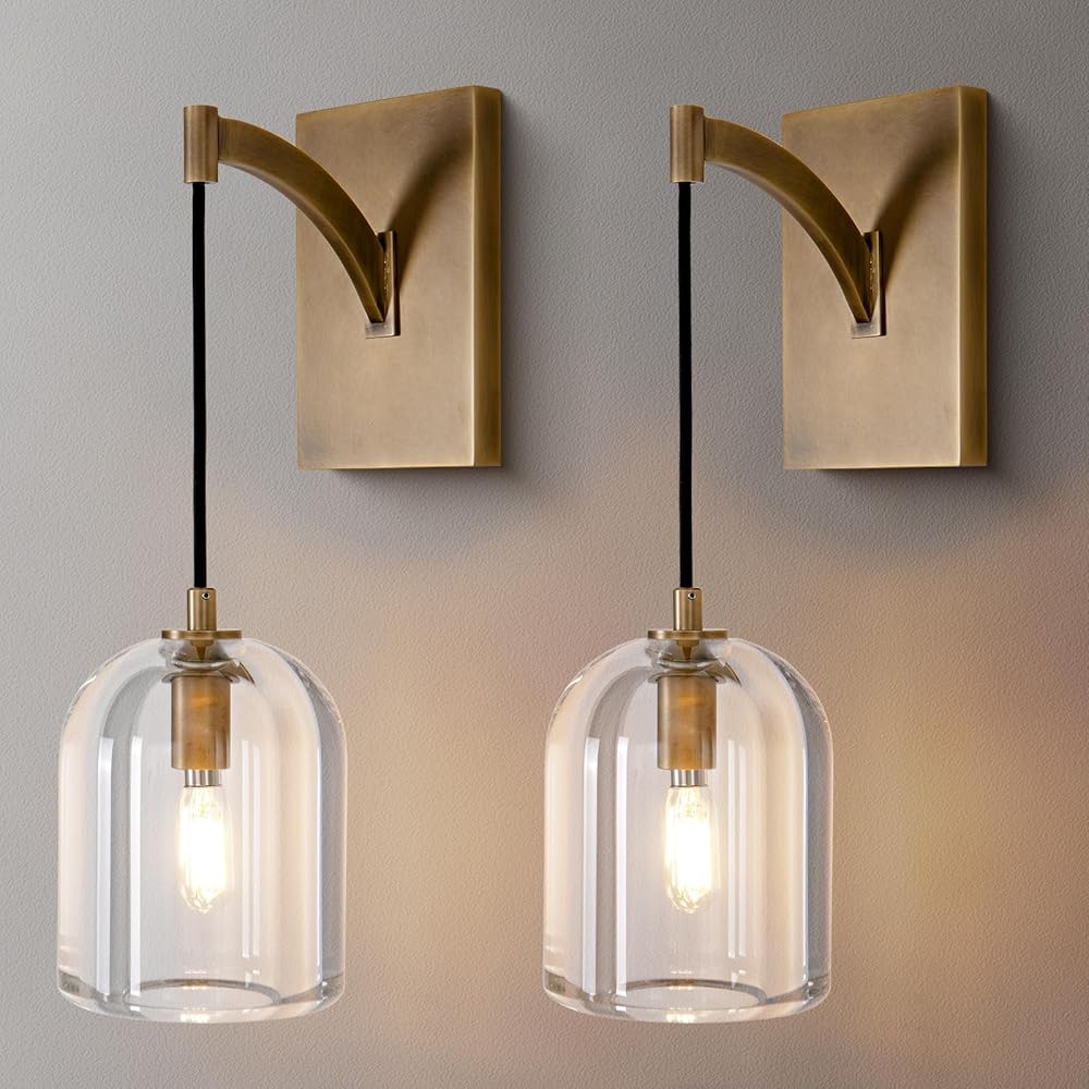 Modern Crystal Wall Sconce Set of Two, Brass Hemisphere Wall Sconce, Gold Wall Lamps Indoor lighting for Bedroom Bathroom Vanity Light Fixtures includes Bulbs