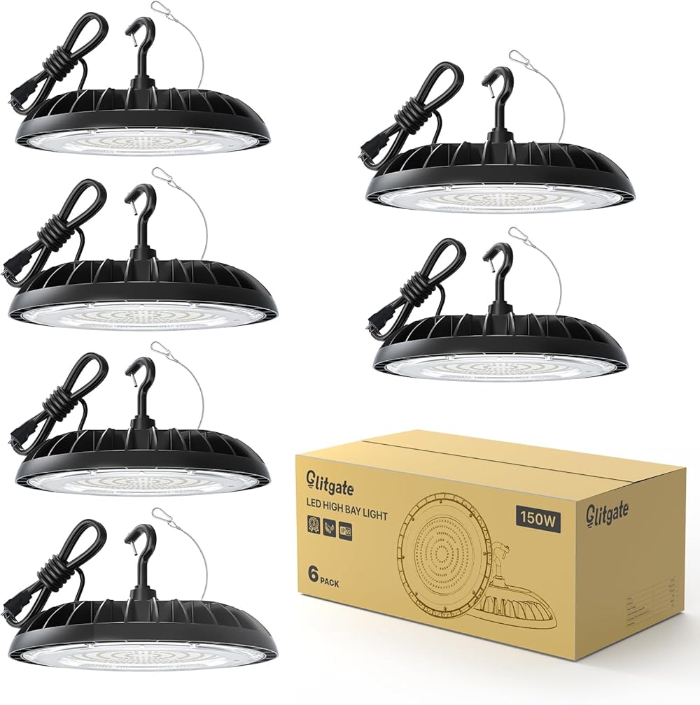 LED High Bay Light 150W, 21000lm 5000K UFO Lights(600W MH/HPS Equiv.),Commercial Bay Lighting with 5ft Cable US Plug for Garage Shop Barn Warehouse, 6 Pack