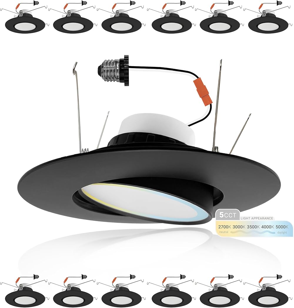 6 Inch Black Trim Retrofit Gimbal LED Recessed Downlight, Selectable 5CCT 2700K/3000K/3500K/4000K/5000K, High Brightness, 1200lm Dimmable, 16W, Adjustable Lens Eyeball Light, ETL Listed 12 Pack
