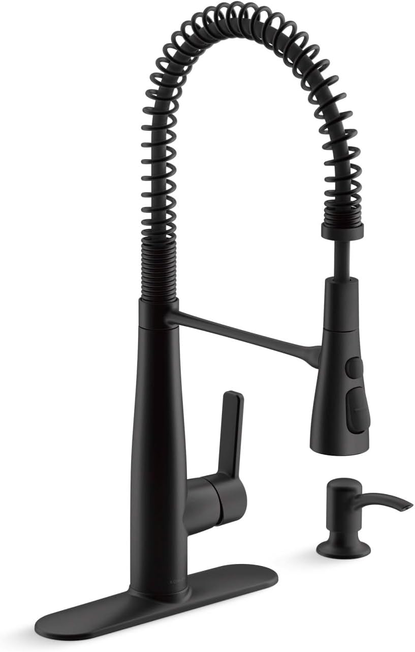 KOHLER K-REC22745-SD-BL Semi-Professional Kitchen Faucet with Soap Dispenser/Lotion Dispenser, Commercial Kitchen Sink Faucet with Pull-Down Sprayhead, Matte Black
