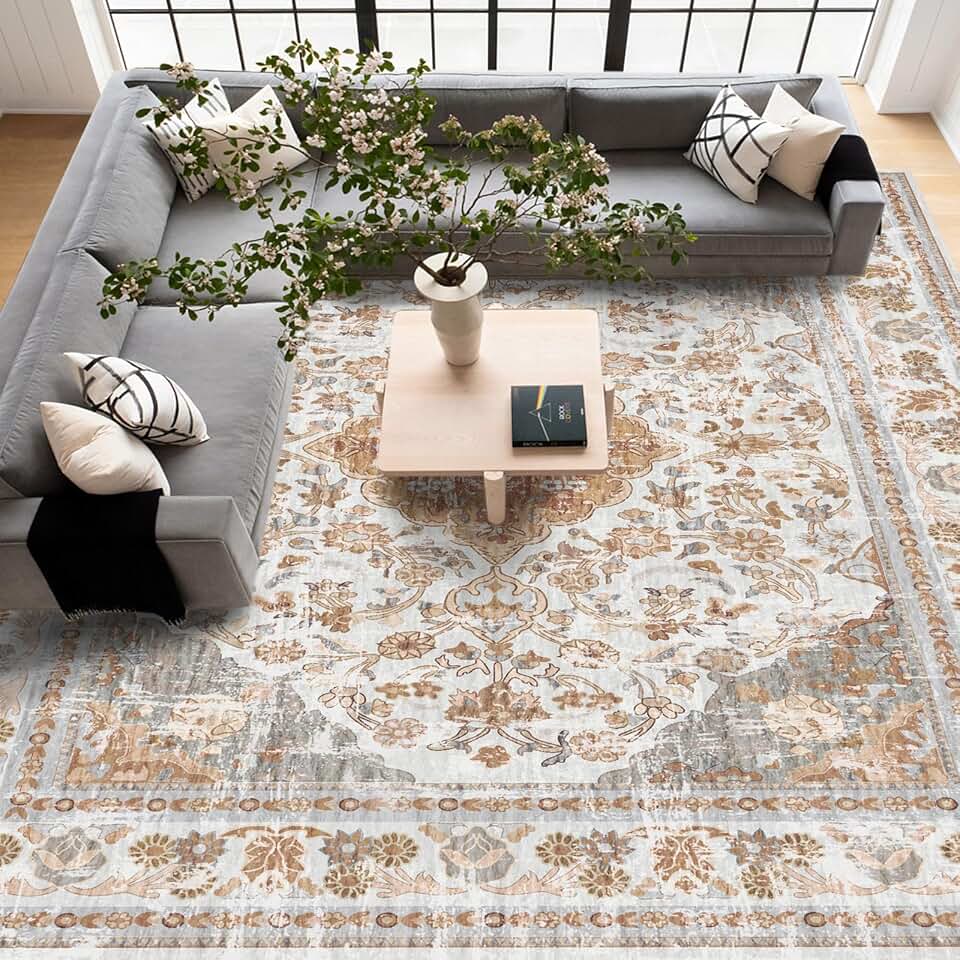 Vhong Washable Area Rugs Boho Vintage Modern Neutral Large Carpet Brown and Grey High Traffic Rugs 9×12 for Dinning Room Living Room Bedroom Farmhouse Non Slip