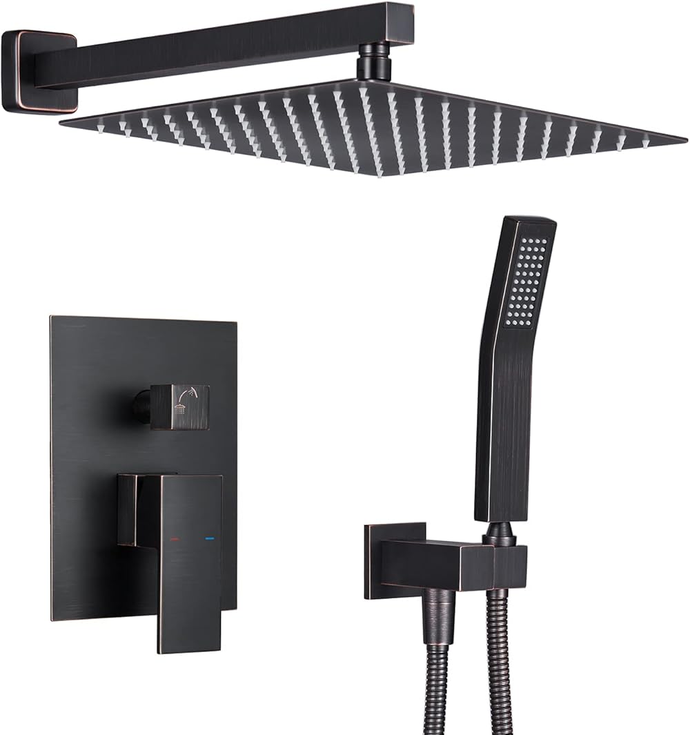 Rain Shower System 12 Inches Shower Combo Set Oil Rubbed Bronze Wall Mount Faucet Bathroom Faucets with Rainfall Shower Head and Hand Shower