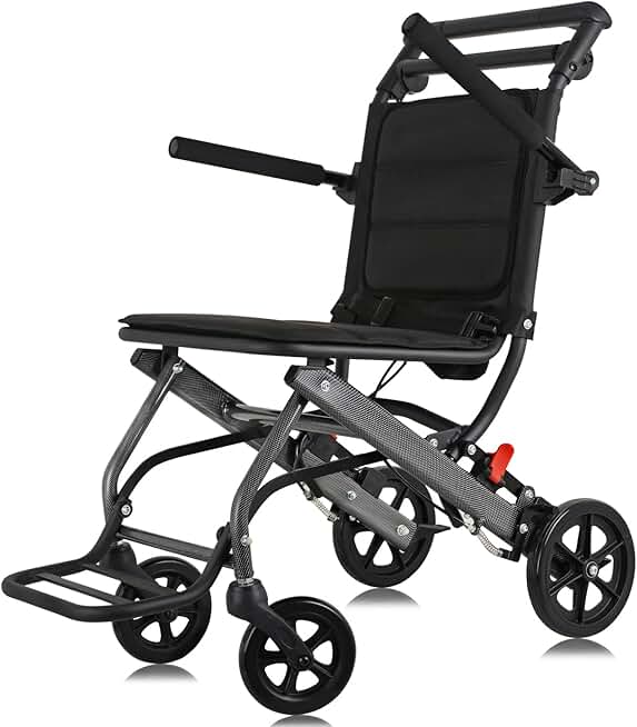 Ultra-Light Transport Wheelchair - Folding Portable Wheelchair with Hand Brake - Trolleys for Elderly Aircraft Travel with Bag, Black