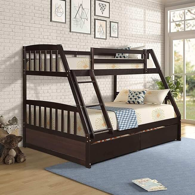 Bunk Bed, Bunk Bed Junior Similitude Twin-Over-Full Bed Solid Wood with Two Storage Drawers Similitude Bunk Bed Heavy Duty Bed with Ladder and Guard Rail Space-Saving Design Detachable Low Bed