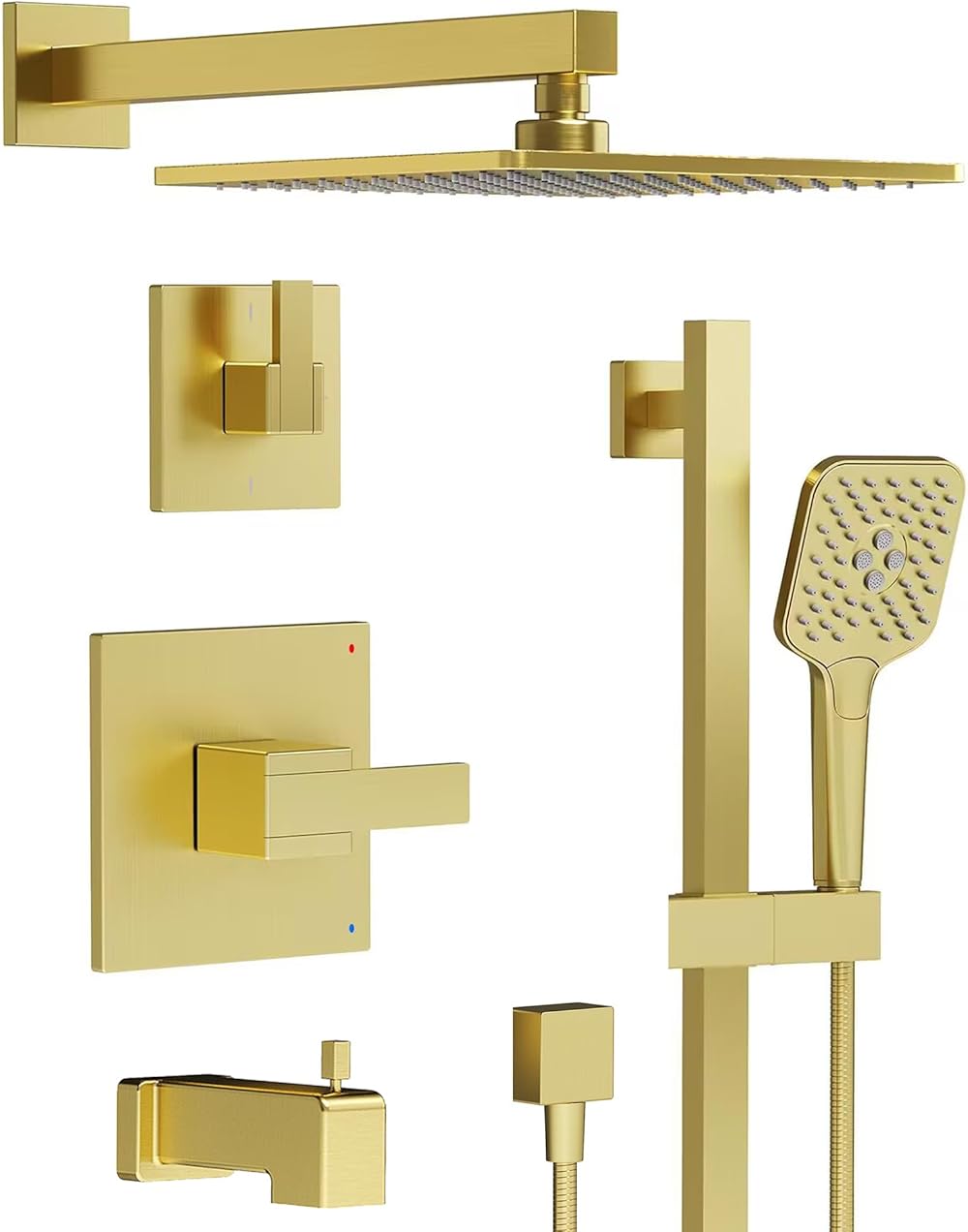 Gabrylly Shower System with Tub Spout, Bathtub Shower Faucet Set with 10-Inch Shower Head, Rain Shower Heads with Handheld Spray Combo Set, Slide Bar Shower Fixtures with Valve, Brushed Gold