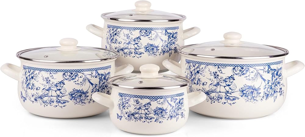 Bird of Paradise Vintage Enamel Belly Deep Stock Pot with Glass Lid, Cooking Pot with Lid and Handles, Multipurpose Pot (4, 2.2-qt; 4-qt; 5.05-qt; 6.55-qt.)