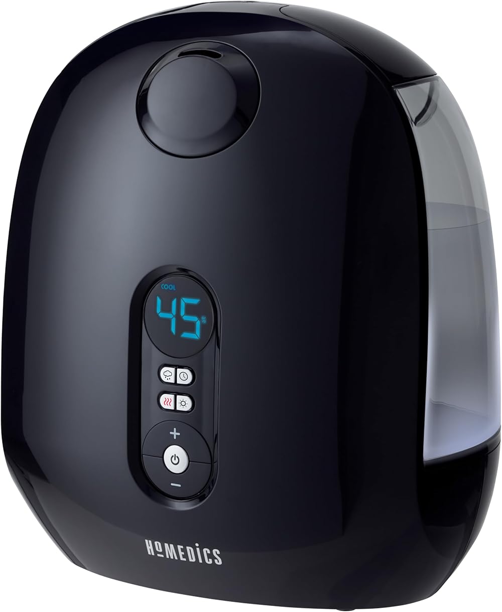 Homedics TotalComfort Deluxe Humidifier – Large Air Humidifiers for Bedroom, Plants – Top-Fill Dual 3.8L Water Tanks with Cool and Warm Mist, Essential Oil Pads, Colored Night-Light, Black