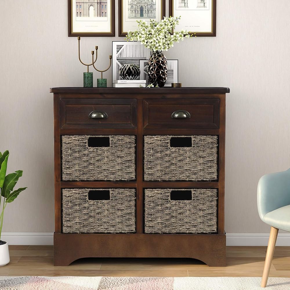 Merax Modern Rustic Wood Storage Cabinet with Two Drawers and Four Classic Rattan Basket Buffet Sideboard for Kitchen/Dining Entryway/Living Room White, One, Espresso