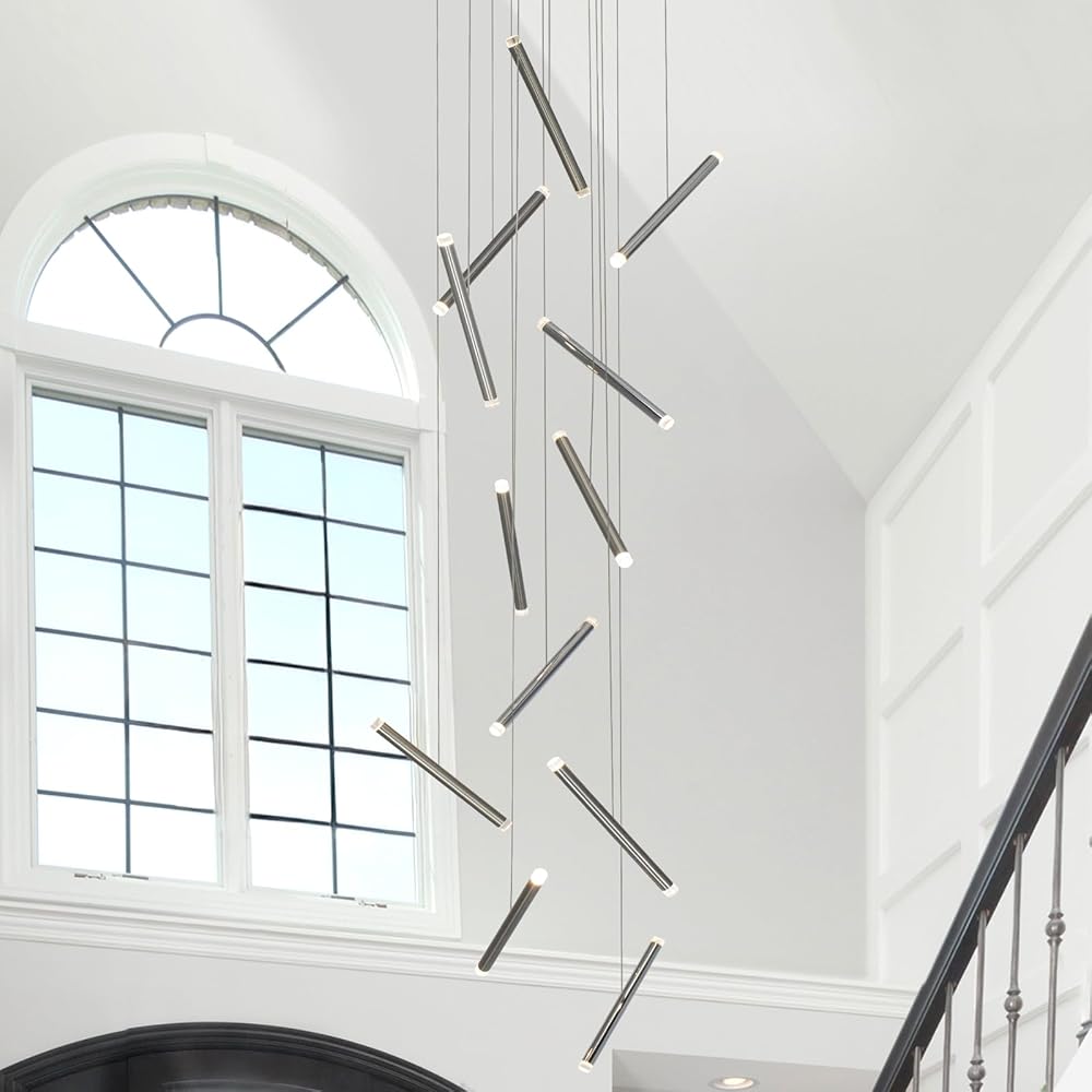 12-Light Modern LED Chandelier Staircase Nickel Stainless Steel Strip Long Chandelier Spiral Art High Ceiling Chandelier for Foyer, Hanging Light for Lobby Stair Living Room, H118''