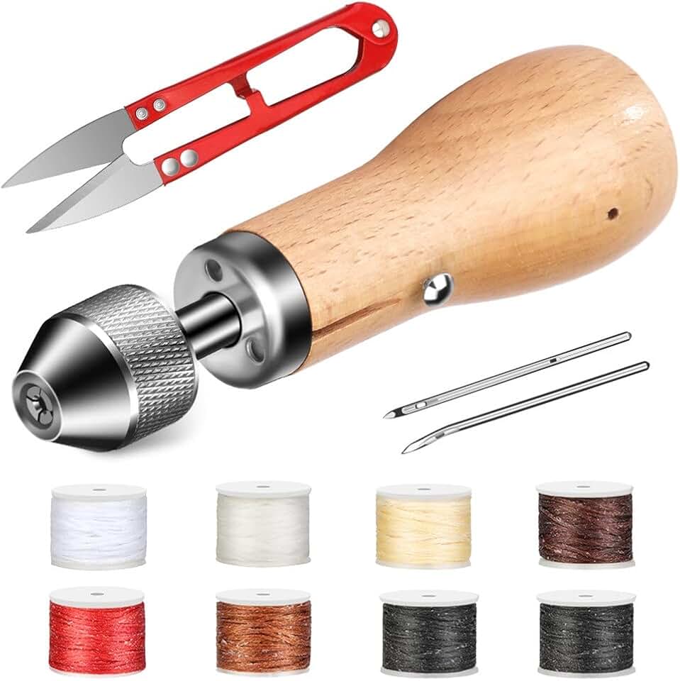 FKLGJFO Leather Sewing Awl Kit Lock Stitching Hand Stitche Tool with Replacement Spools for Leather Punch Awl Hand Repair Tools