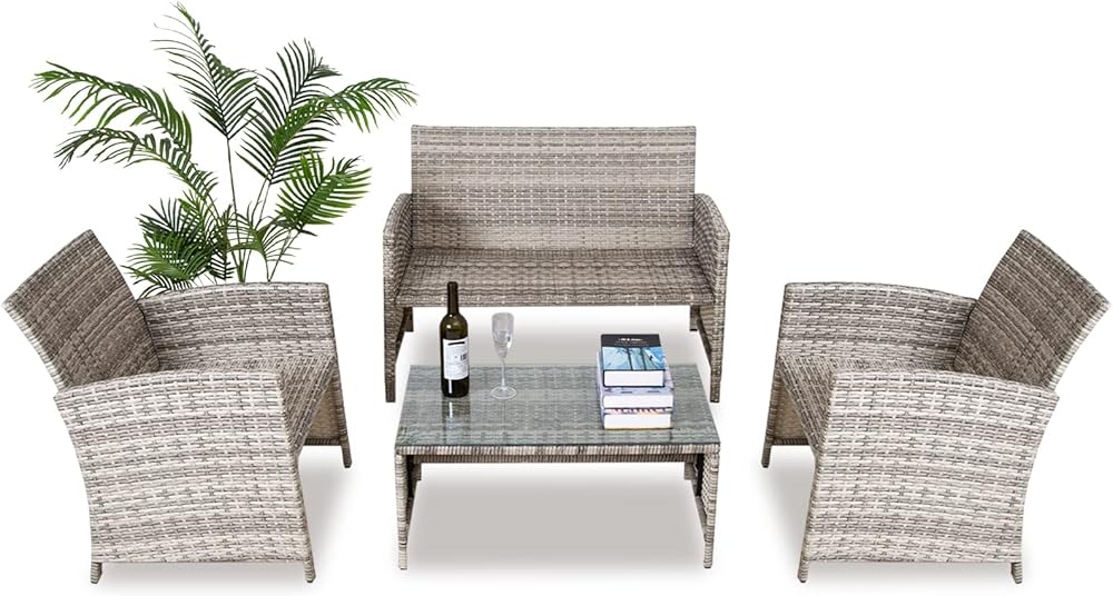 4-Piece Patio Conversation Sets, PE Rattan Wicker Chairs with 3 Seats and 1 Tempered Glass Tabletop, Patio Furniture with Cushions