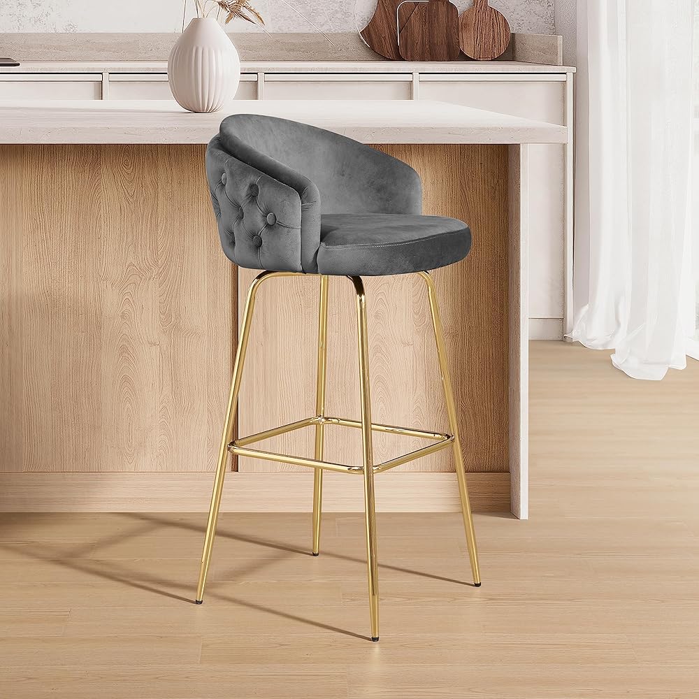 Art Leon Swivel Bar Stool, 30 Inch Counter Height Bar Stool with Back, Modern Velvet Bar Stool with Gold Legs for Kitchen Island Dining Room, 1 Pcs, Gray